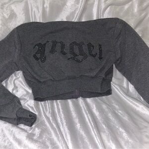Charcoal Gray Cropped Zip Up Hoodie w Rhinestone “Angel” 😇